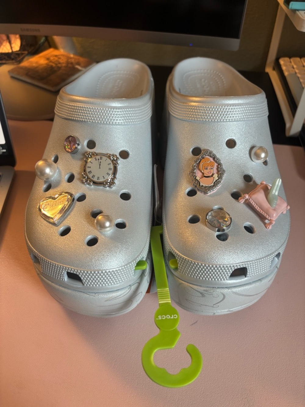 CROCS Cinderella Light blue/Silver Platform Clogs with Decorative Charms NWT